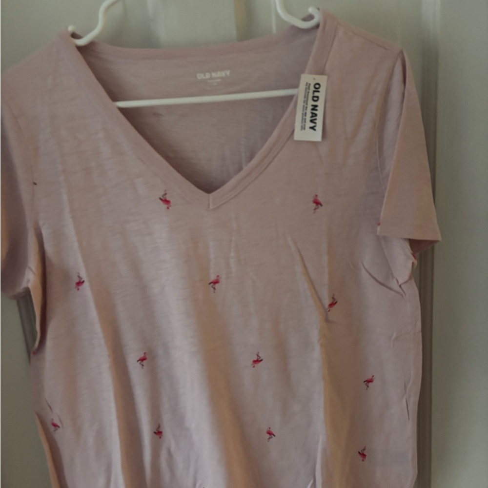 Old Navy Light Pink V-Neck Tee with Small Flamingo Embroidery